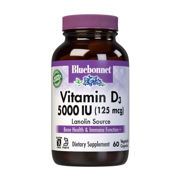 Bluebonnet Vitamin D3 5000 IU Vegetable Capsules, 100 Count
