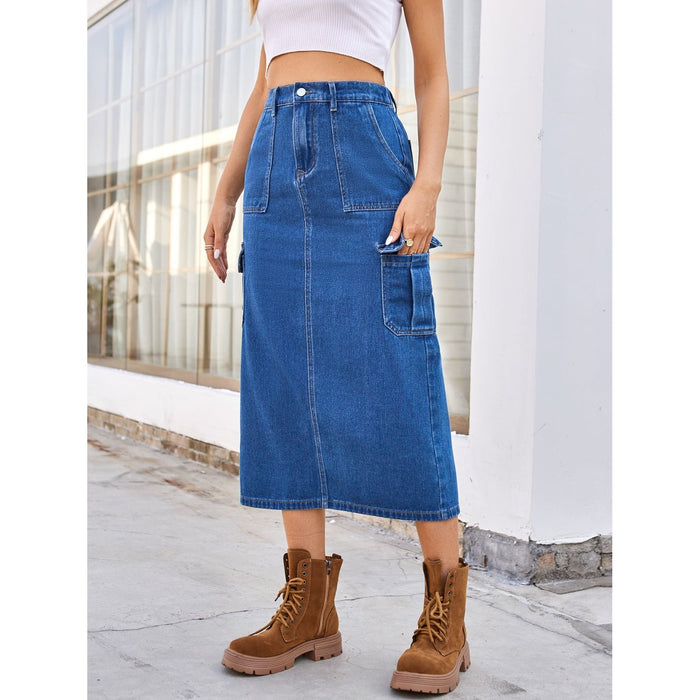 Slit Midi Denim Skirt with Pockets