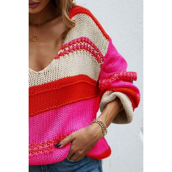 Color Block V-Neck Dropped Shoulder Sweater