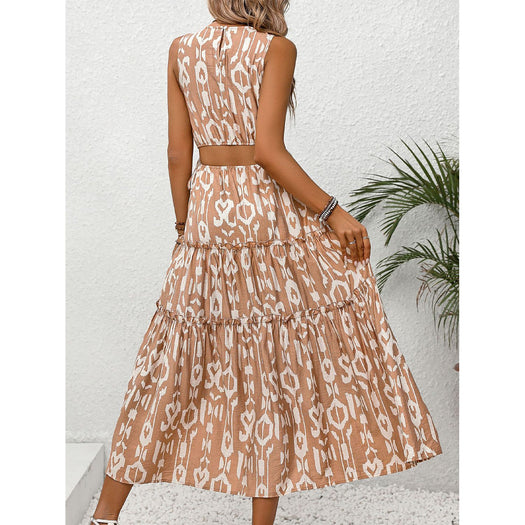 Frill Cutout Printed Round Neck Sleeveless Dress