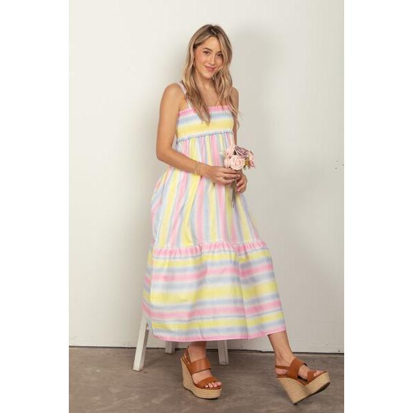 VERY J Striped Woven Smocked Midi Cami Dress