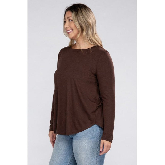 Plus Long Sleeve Round Neck Round Hem Top