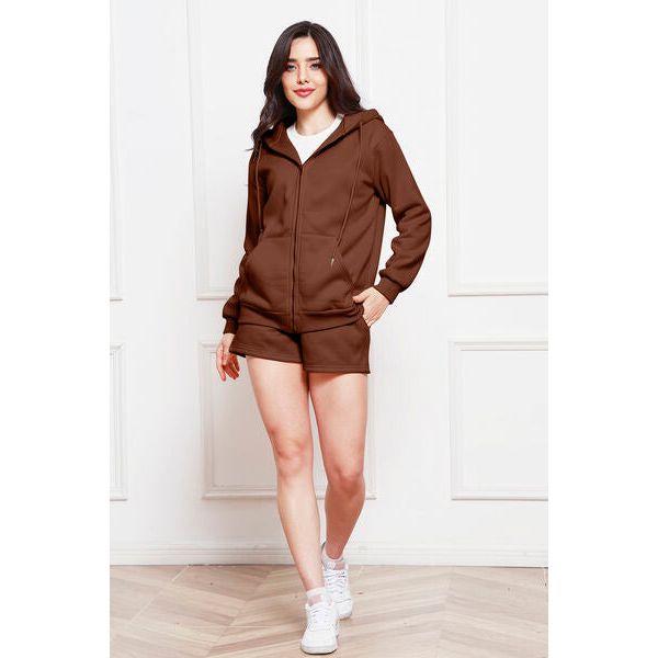 Zip Up Drawstring Hoodie and Shorts Set