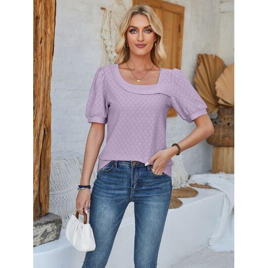 Eyelet Asymmetrical Neck Short Sleeve T-Shirt