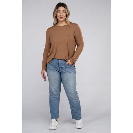 Plus Long Sleeve Round Neck Round Hem Top