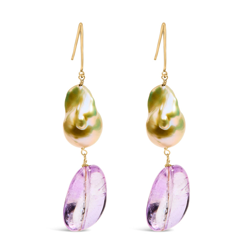 Bids.com 14K Yellow Gold Amethyst and Baroque Pearl Drop and Dangle Earrings 2" Inch Dangle Length Earrings