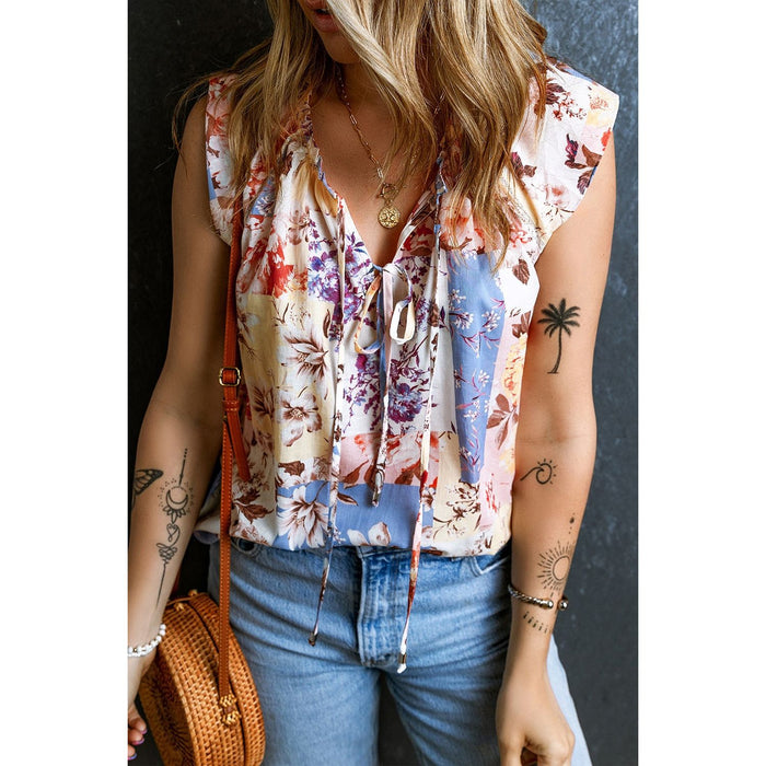 Printed Tie Neck Cap Sleeve Blouse