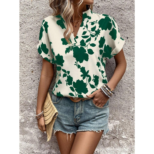 Flower Notched Short Sleeve Blouse