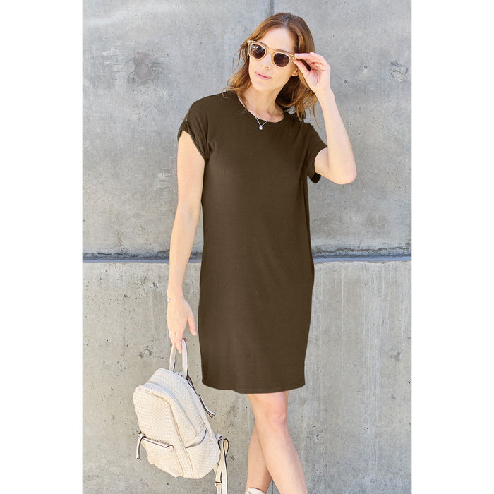 Round Neck Short Sleeve Dress with Pockets