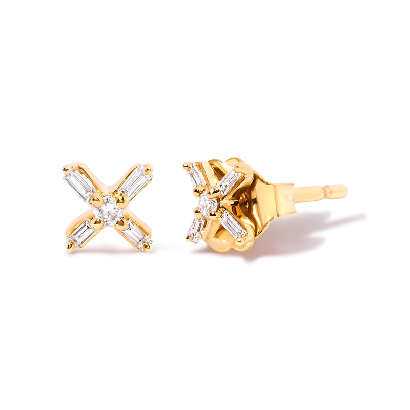 Bids.com 10K Yellow Gold 1/10 Cttw Round and Baguette Diamond Criss Cross X Stud Earring (H-I Color, I1-I2 Clarity) Earrings
