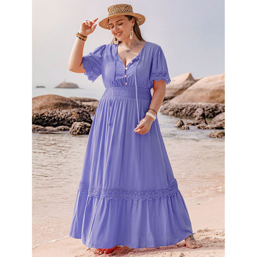 Plus Size Lace Detail Tie Neck Short Sleeve Maxi Dress