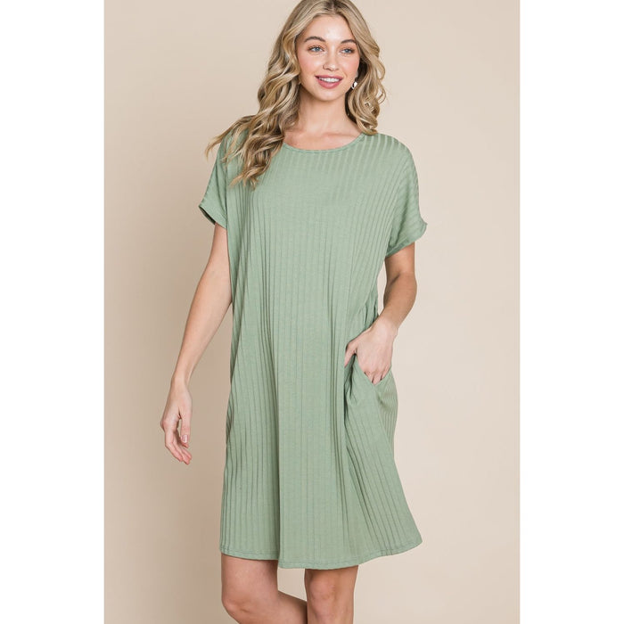 Ribbed Round Neck Short Sleeve Dress in Sage