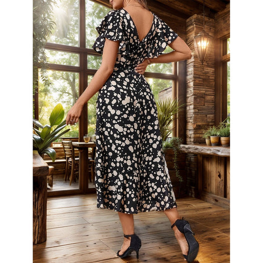 Printed Round Neck Flutter Sleeve Midi Dress