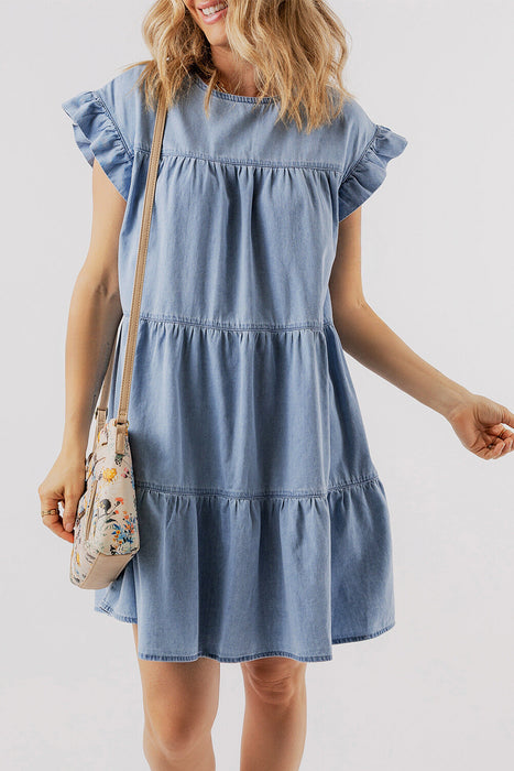 Ruffle Short Sleeve Tiered A-line Denim Dress