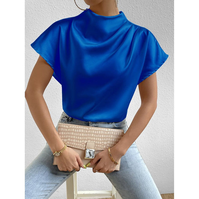 Ruched Mock Neck Short Sleeve Blouse