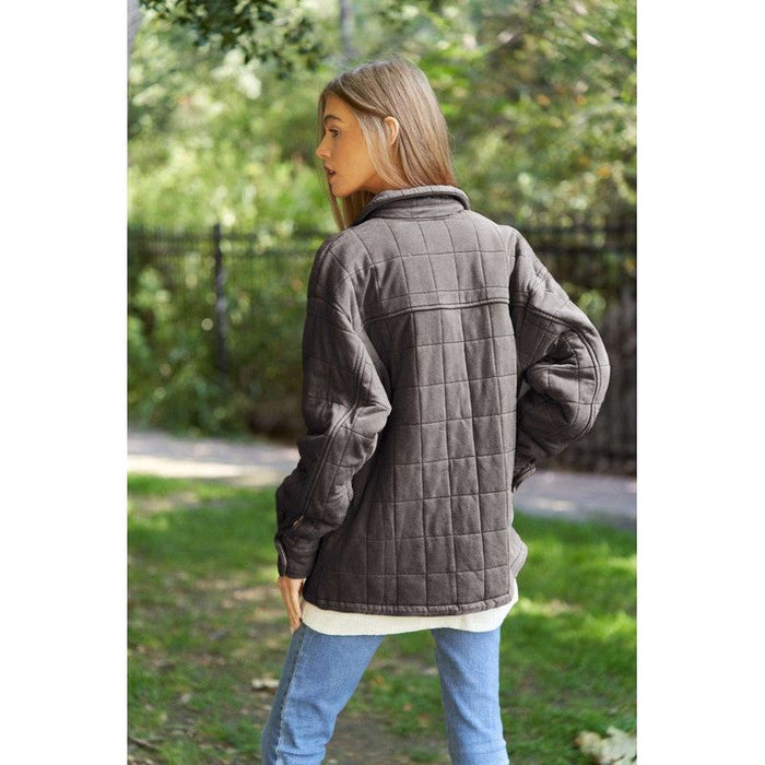 Solid Mineral Wash Quilted Pockets Shacket