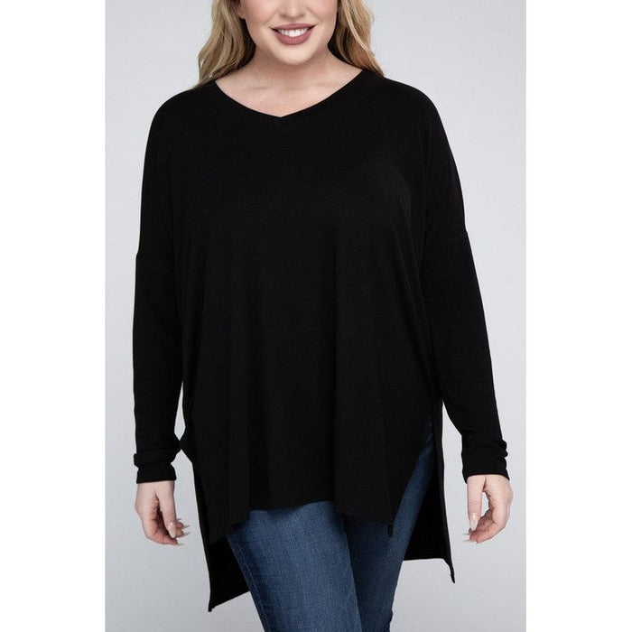 Plus Dolman Sleeve V-Neck Side Slit Hi-Low Hem Top