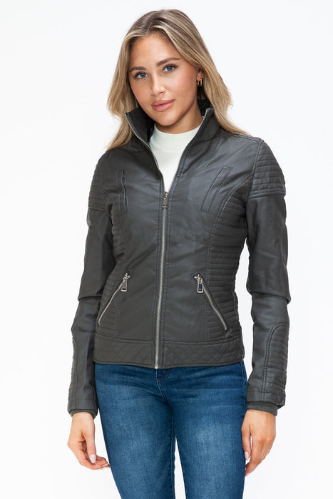 Faux Layered Double-Zipper Jacket with Fuzzy Hood