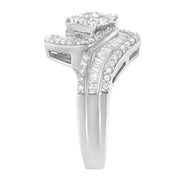 Bids.com 14K White Gold 1 Cttw Baguette and Round Diamond Floral Swirl Cluster Cocktail Ring Rings