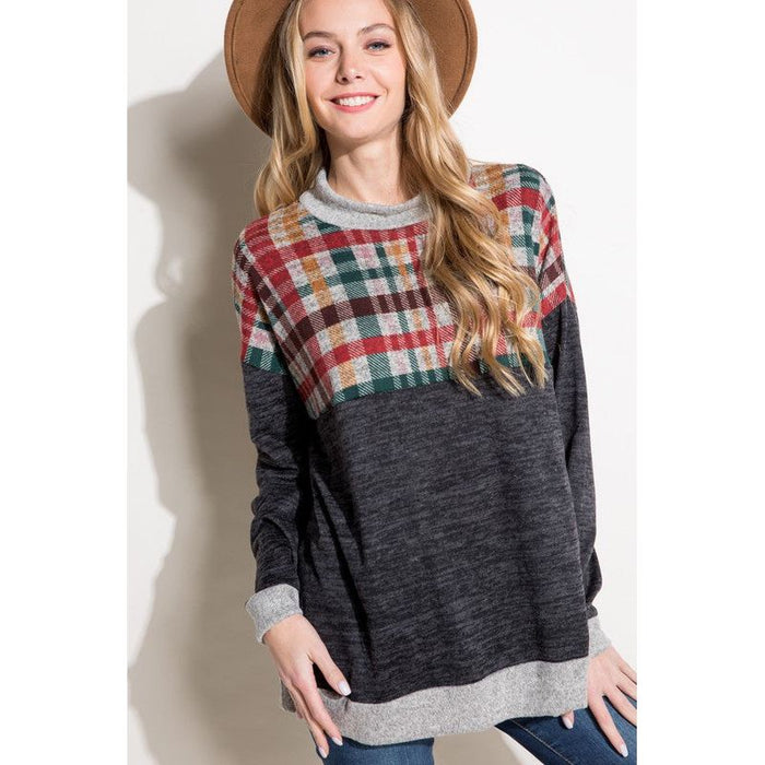 Plus Solid Plaid Mock Neck Top