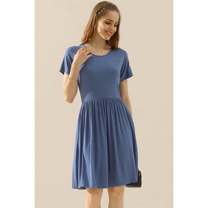 Ninexis Round Neck Ruched Dress with Pockets