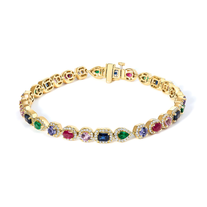 Bids.com 14K Yellow Gold Multi-Gemstone  and Diamond Halo Rainbow Tennis Bracelet Bracelets