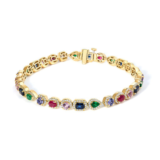 Bids.com 14K Yellow Gold Multi-Gemstone  and Diamond Halo Rainbow Tennis Bracelet Bracelets