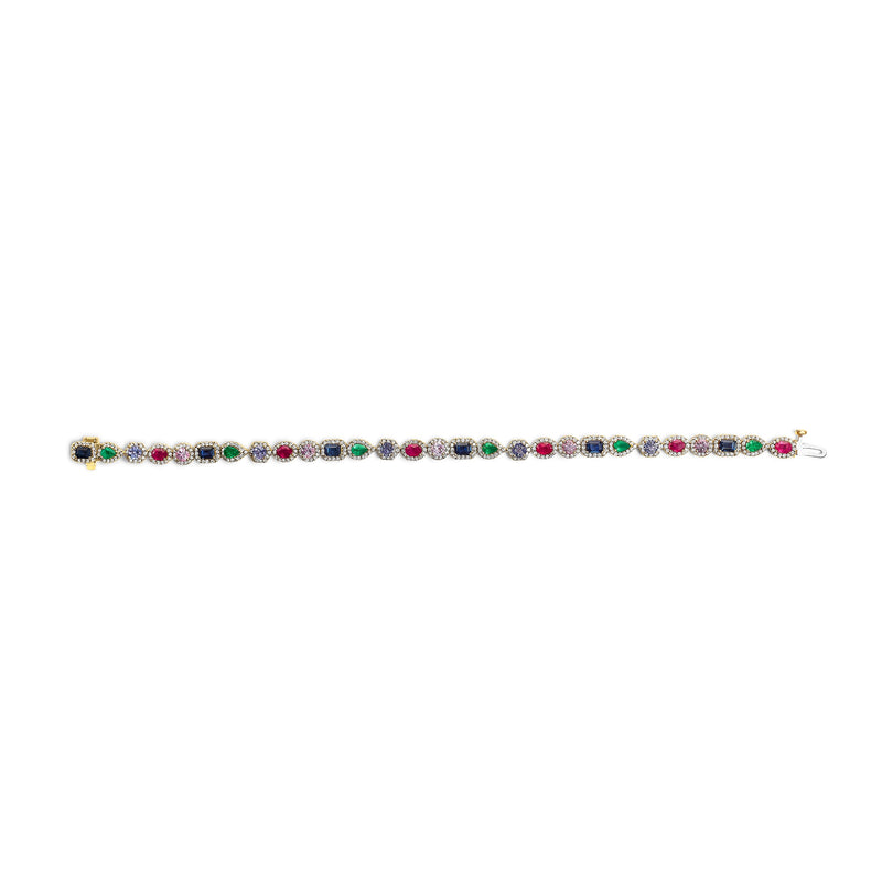 Bids.com 14K Yellow Gold Multi-Gemstone  and Diamond Halo Rainbow Tennis Bracelet Bracelets