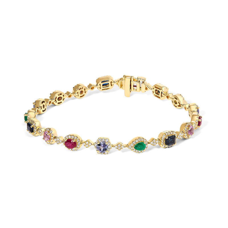 Bids.com 14K Yellow Gold Multi-Gemstone  and Diamond Halo Rainbow Link Bracelet Bracelets