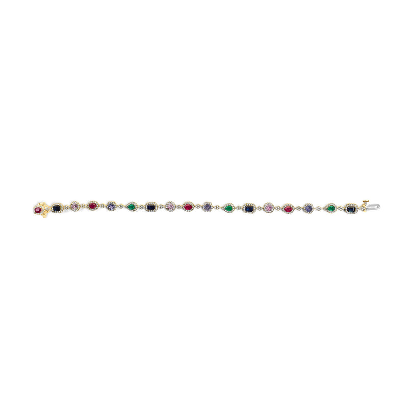 Bids.com 14K Yellow Gold Multi-Gemstone  and Diamond Halo Rainbow Link Bracelet Bracelets