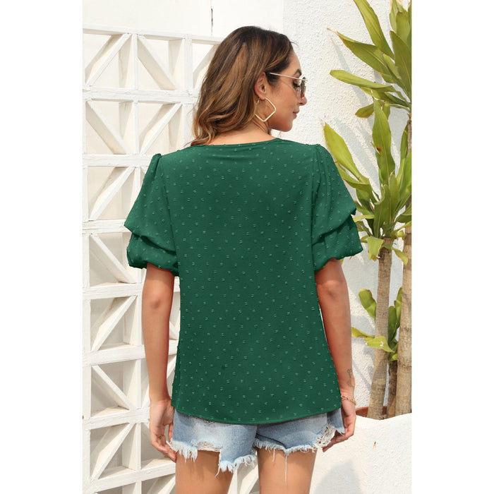 Swiss Dot V-Neck Short Sleeve Blouse