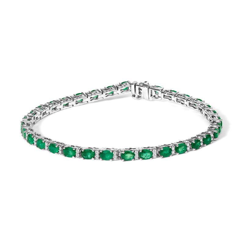 Bids.com 14K White Gold Alternating Oval Green Emerald and Diamond Tennis Bracelet Bracelets