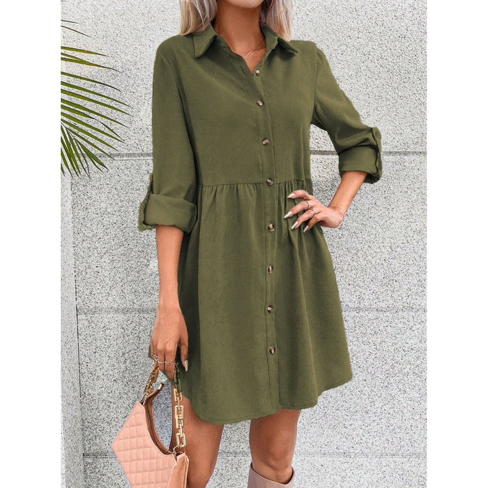 Button Up Collared Neck Long Sleeve Dress