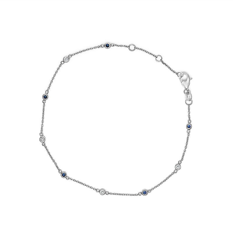 Bids.com 14K White Gold Alternating Blue Sapphire and White Diamond Bezel Station Chain Bracelet (I-J Color, SI2-I1 Clarity) - 8" Inches Bracelets