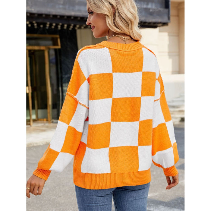 Checkered Round Neck Long Sleeve Sweater