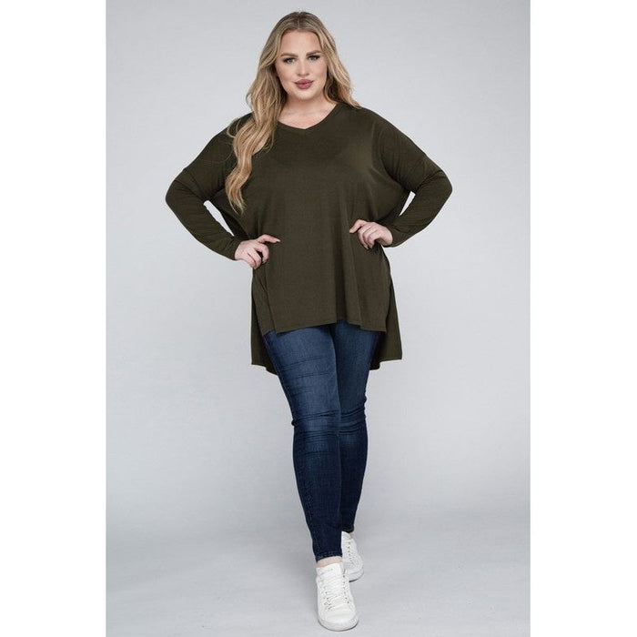 Plus Dolman Sleeve V-Neck Side Slit Hi-Low Hem Top