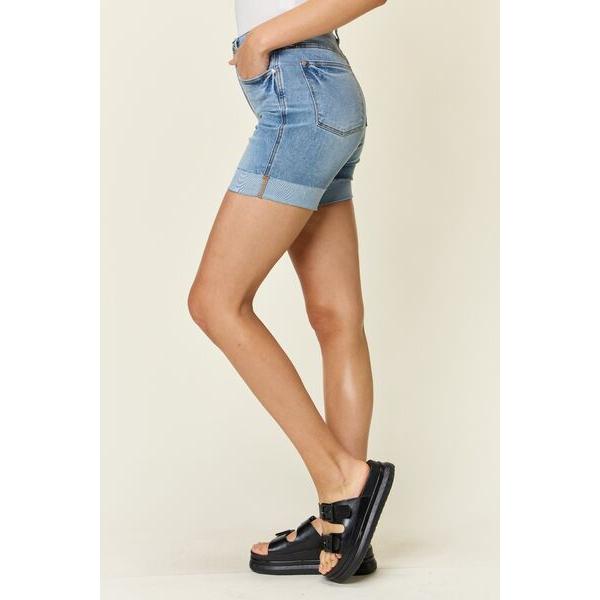 Tummy Control High Waist Denim Shorts in Medium Blue