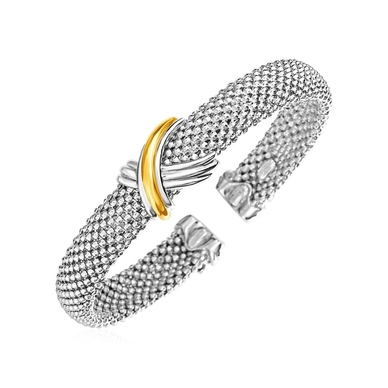 Bids.com Popcorn Texture Cuff Bangle with X Motif in Sterling Silver and 18k Yellow Gold Bracelets
