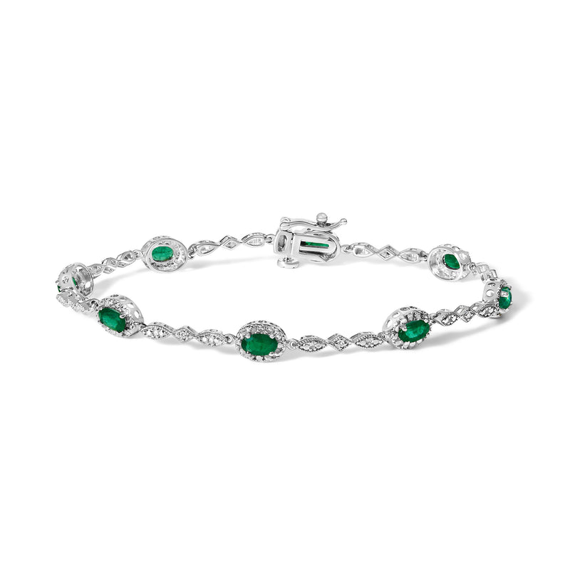 Bids.com 10K White Gold Oval Green Emerald & Diamond Alternating Link Bracelet Bracelets