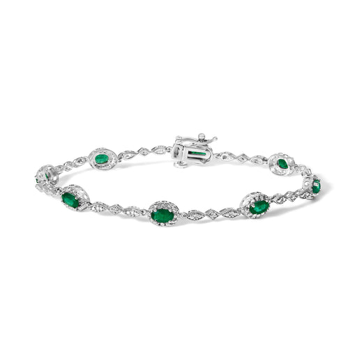 Bids.com 10K White Gold Oval Green Emerald & Diamond Alternating Link Bracelet Bracelets