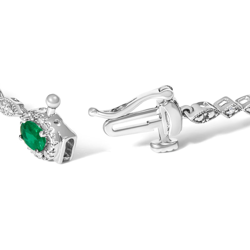 Bids.com 10K White Gold Oval Green Emerald & Diamond Alternating Link Bracelet Bracelets