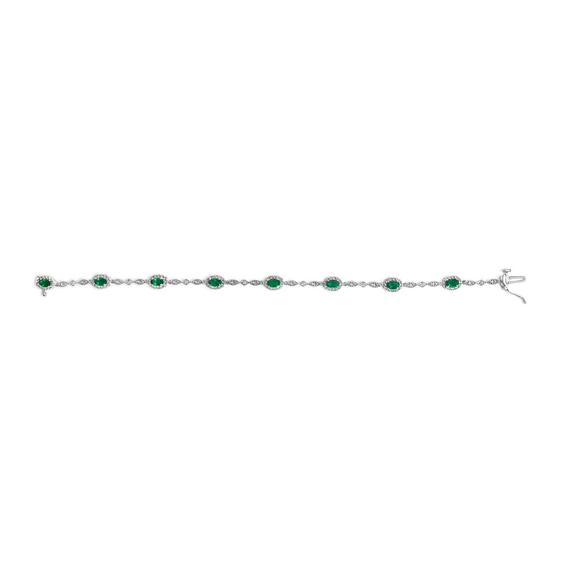 Bids.com 10K White Gold Oval Green Emerald & Diamond Alternating Link Bracelet Bracelets