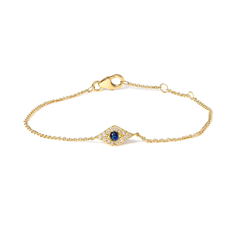 Bids.com 10K Yellow Gold Blue Sapphire and Diamond Accent Evil Eye Station Link Bracelet  (H-I Color, I1-I2 Clarity) - Size 7" Bracelets