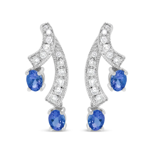 Bids.com 14K White Gold 4x3MM Oval Shaped Natural Blue Tanzanite Gemstone and 1/5 Cttw Diamond Double 3/4" Inch Drop Stud Earrings (H-I Color, VS1-VS2 Clarity) Earrings