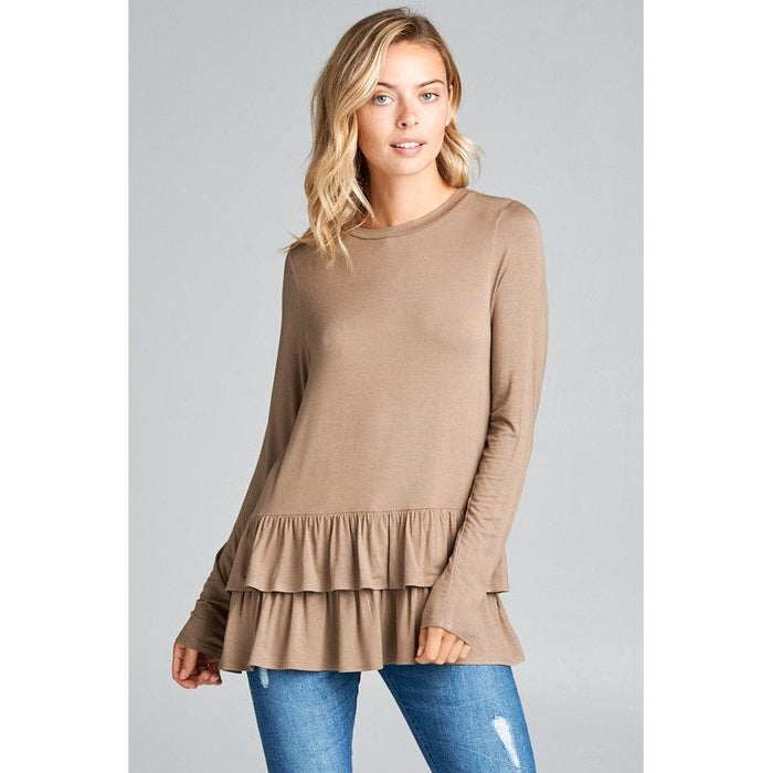 RUFFLE BOTTOM LONG SLEEVE ROUND NECK TUNIC TOP