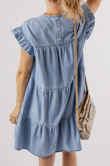 Ruffle Short Sleeve Tiered A-line Denim Dress