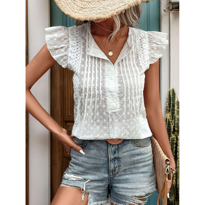 Lace Detail Eyelet Ruffle Cap Sleeve Blouse