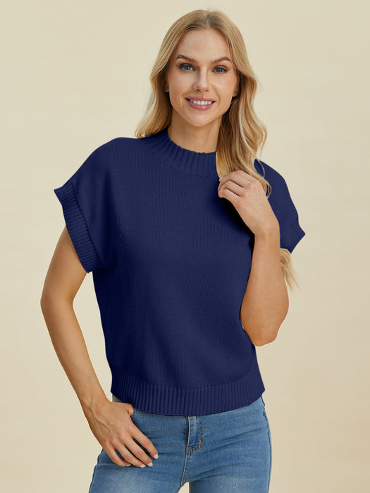 Full Size Mock Neck Short Sleeve Sweater