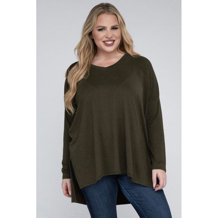 Plus Dolman Sleeve V-Neck Side Slit Hi-Low Hem Top