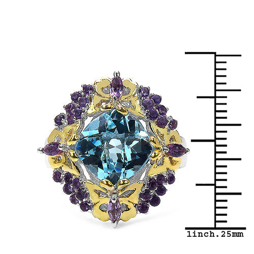 Bids.com 5.66 Carat Genuine Blue Topaz, Amethyst & White Diamond .925 Sterling Silver Ring Rings